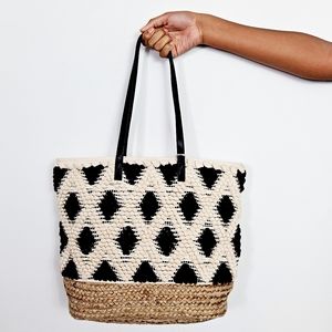 Lulu Dharma Black Natural Jute Woven Tote Handbag